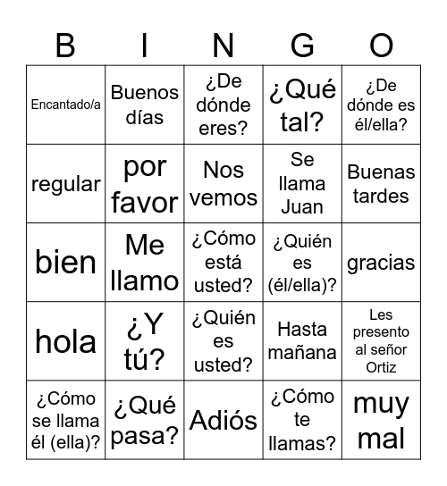 Sp 1 Preliminar A Saludos etc. Bingo Card