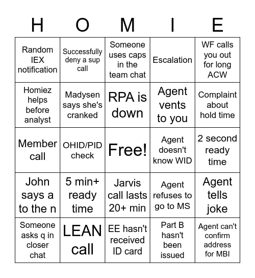 Homiez Bingo Card