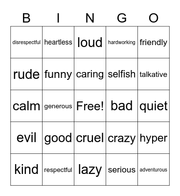 Character Traits Bingo Card