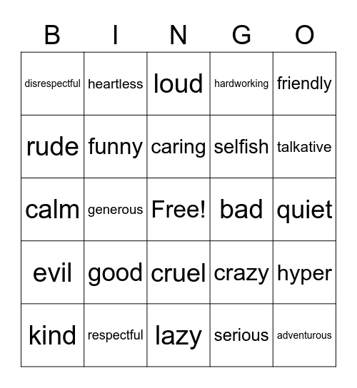 Character Traits Bingo Card