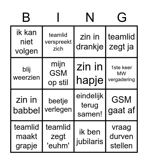 MW vergadering BINGO Card