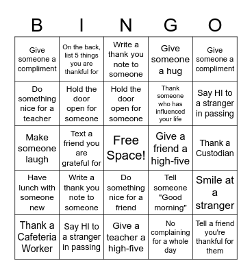 Gratitude Bingo Card
