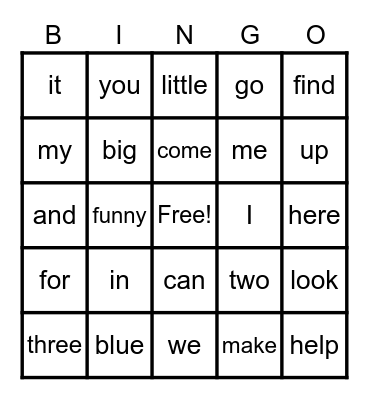 Pre Primer Sight Words Bingo Card