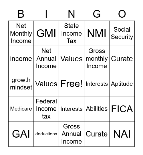 Taxes  and Income Bingo Card