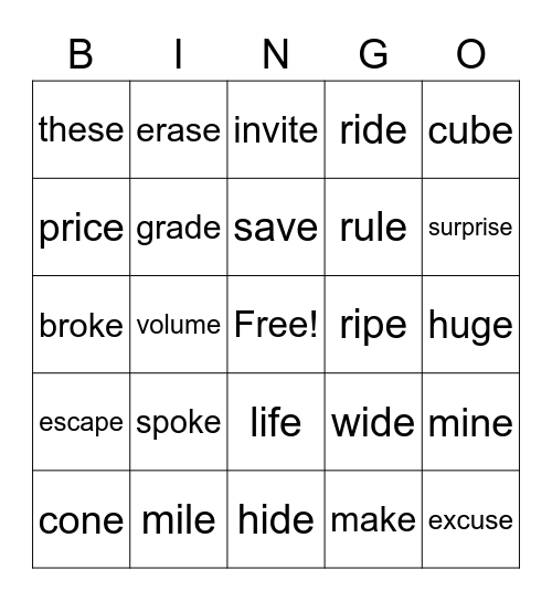 spelling 1.2 Bingo Card