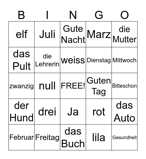 German Bingo Card