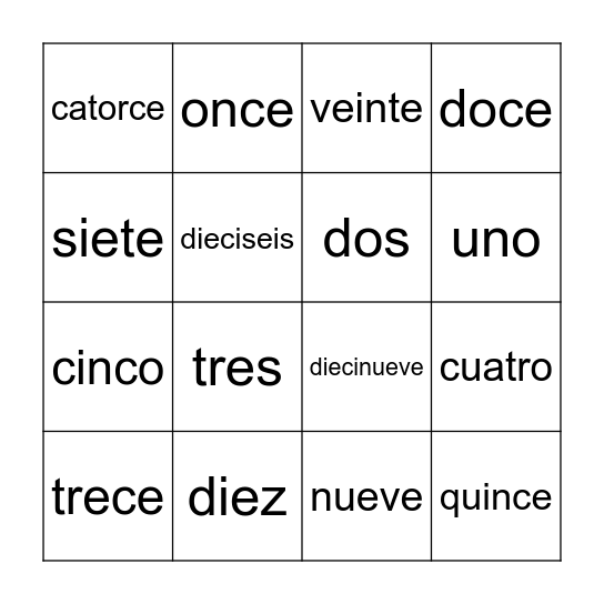 Numbers 1-20 Bingo Card