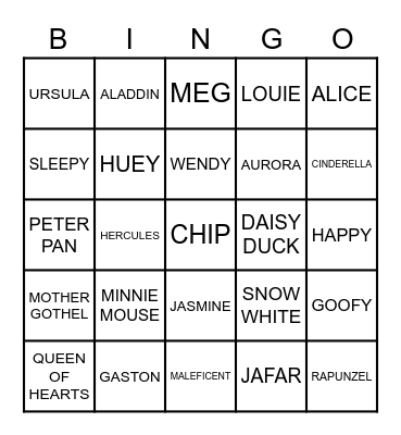 Disney Characters Bingo Card