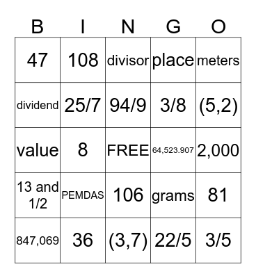 5th Grade Math Review Bingo Card