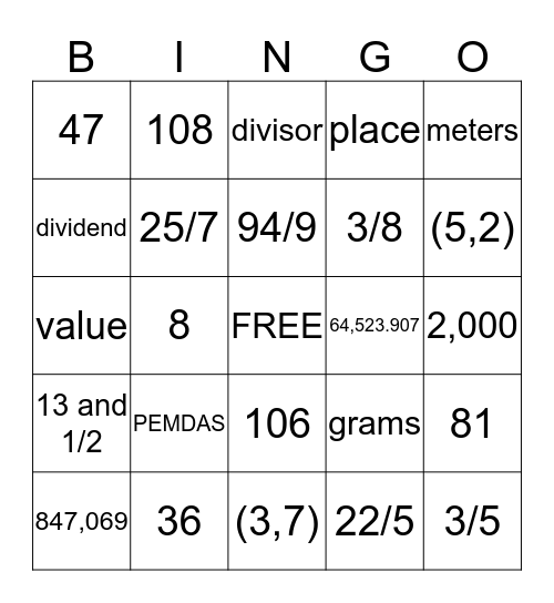5th Grade Math Review Bingo Card