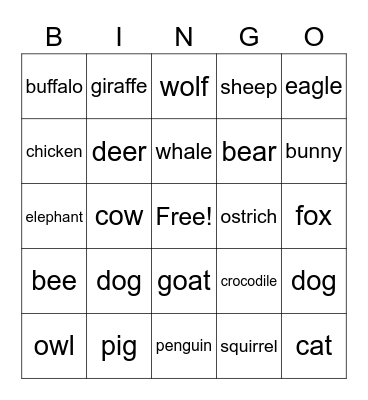animal language bingo Card