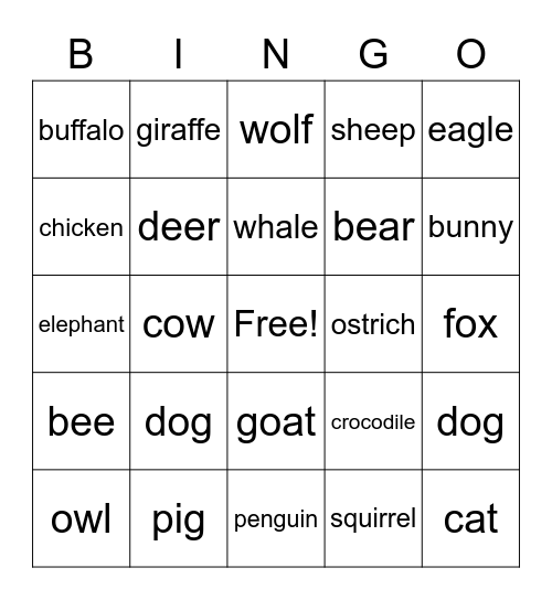 animal language bingo Card