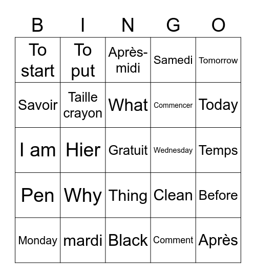 Les mots communs en Français Bingo Card