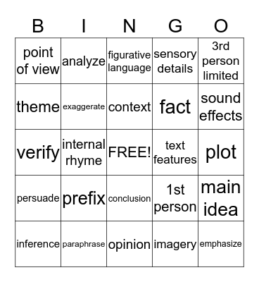 Reading Vocabulary BINGO Card