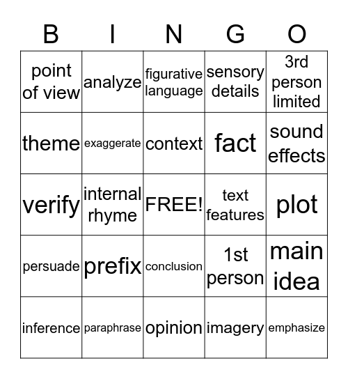 Reading Vocabulary BINGO Card