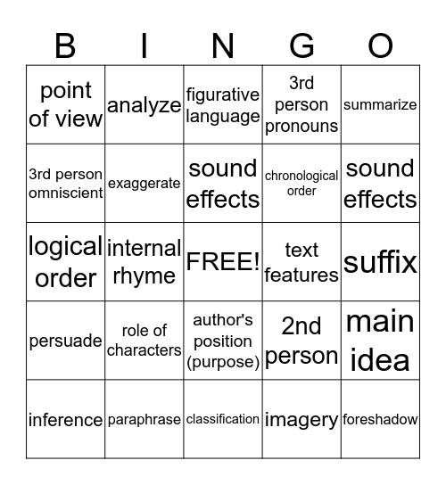 Reading Vocabulary BINGO Card