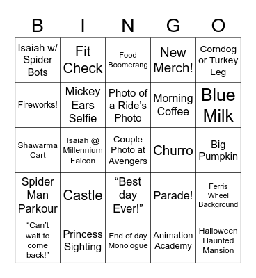 Kelsey’s Disney Insta Story Bingo Card