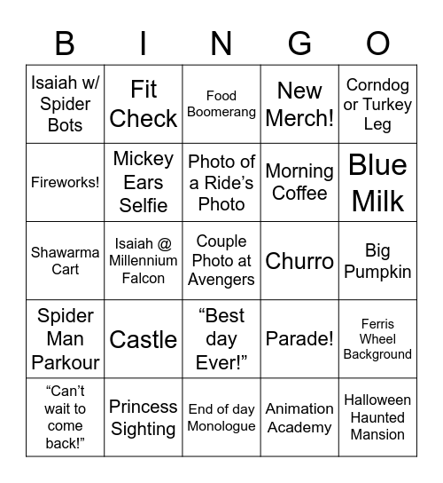 Kelsey’s Disney Insta Story Bingo Card