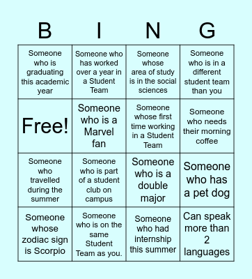DSUS Student Teams BINGO Card