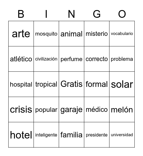 Los cognados Bingo Card