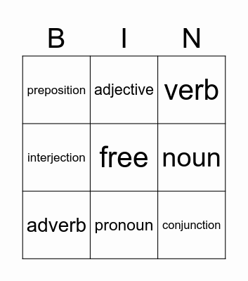 Parts of Speech Bingo Card