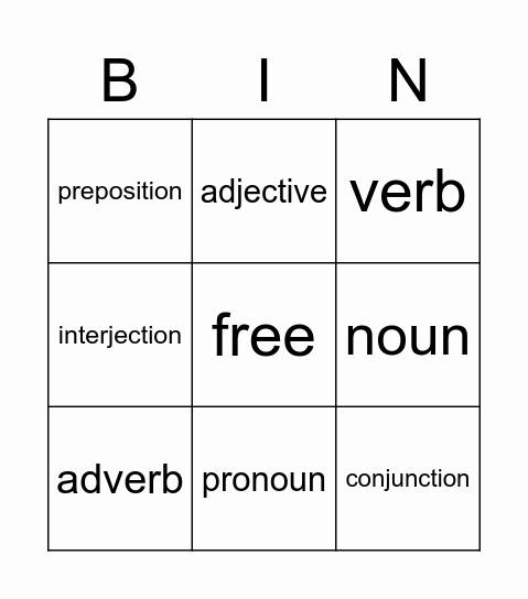 Parts of Speech Bingo Card