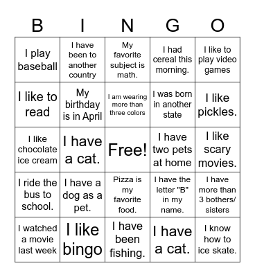 Find A Friend Bingo Card