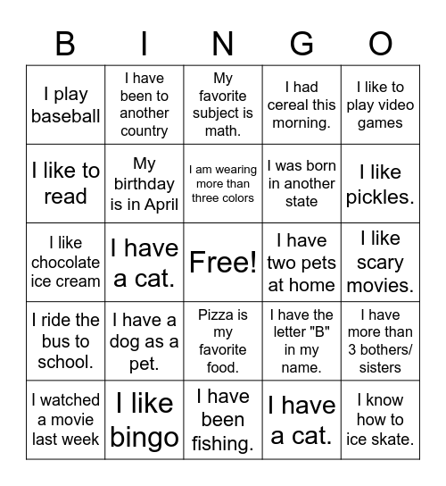 Find A Friend Bingo Card