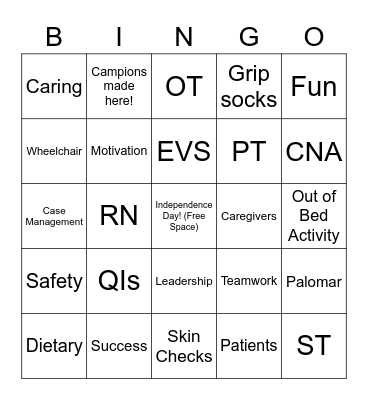 Palomar Health Rehab Bingo Card