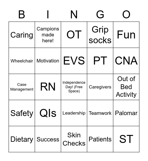 Palomar Health Rehab Bingo Card