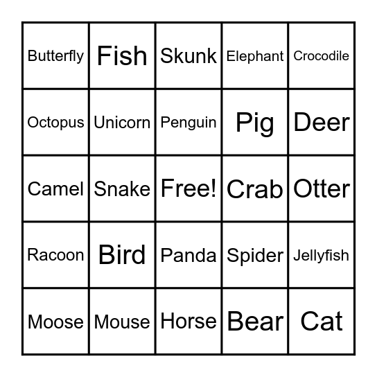 ASL Animal Bingo Card