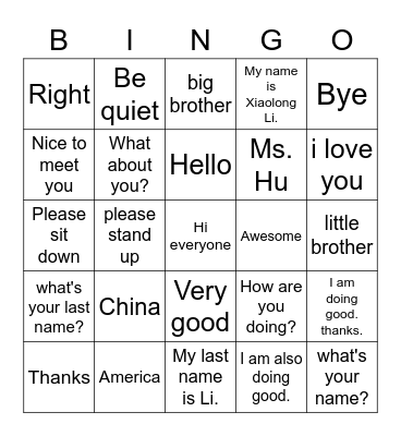 Chinese Phrases Bingo Card