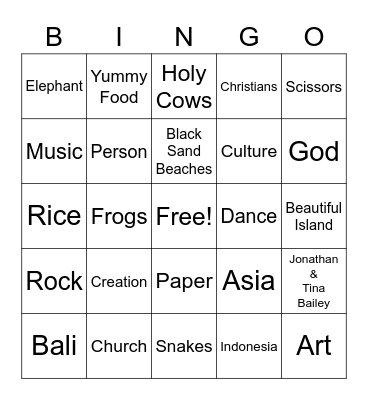 Bali Bingo Card