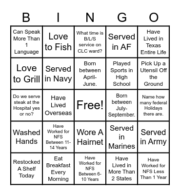 National Healthcare Food Service Week Bingo Card