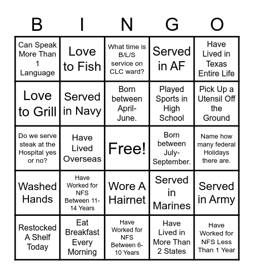 National Healthcare Food Service Week Bingo Card