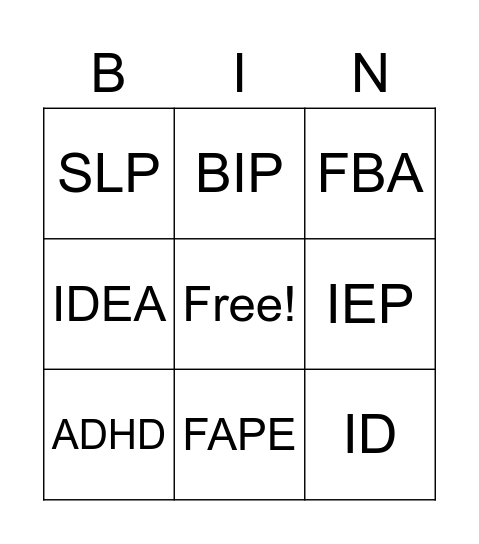 Special Education Bingo Card