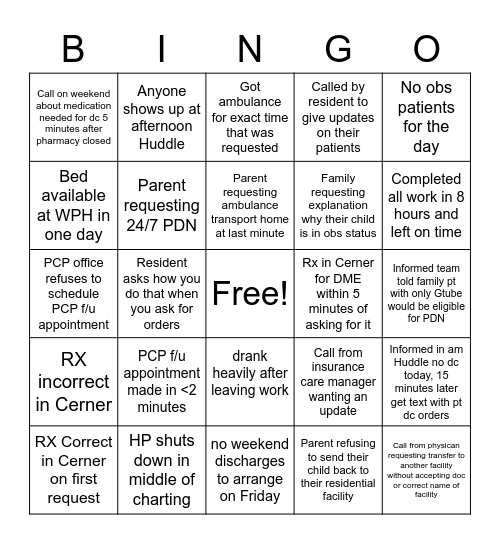 Care Manager BINGO Card