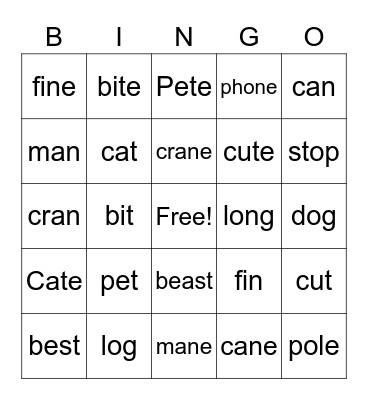 Short or long vowel? Bingo Card