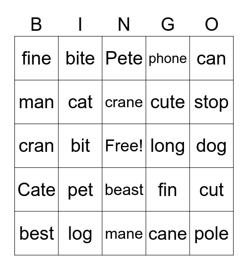 Short or long vowel? Bingo Card