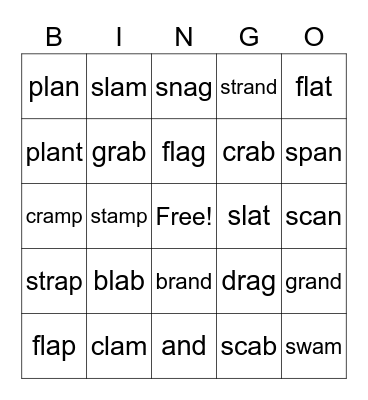Blends Short A Bingo Card