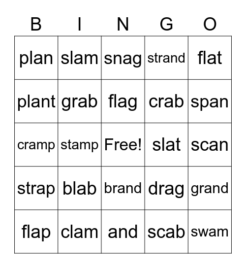 Blends Short A Bingo Card
