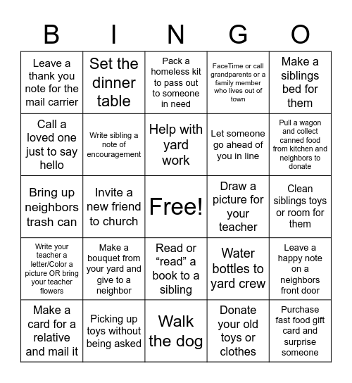 Be A Neighbor Bingo Card
