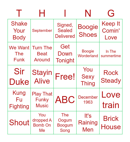 Shake Your Groove Bingo Card