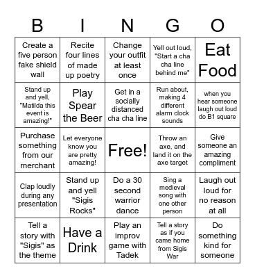 House of Sigis Bingo Card