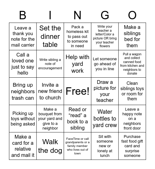Be A Neighbor Bingo Card