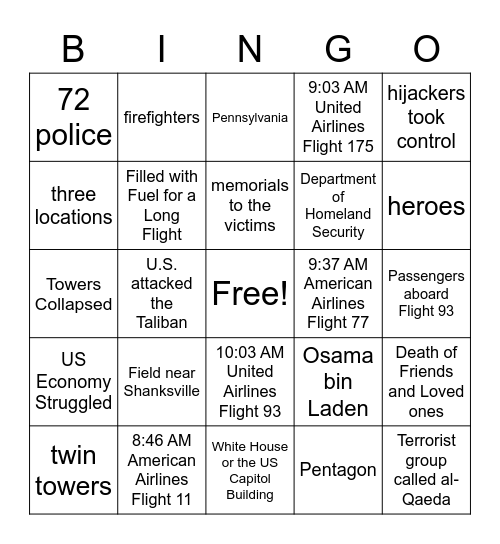 Remembering 9/11 Bingo Card
