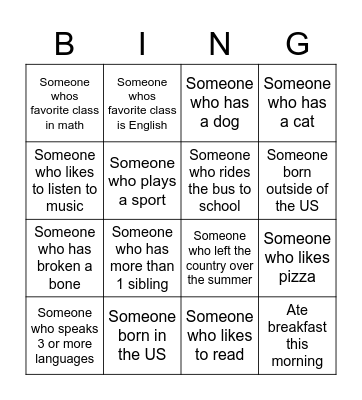 Back 2 School Bingo Card