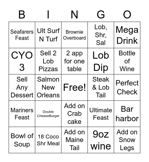 RED LOBSTER Bingo Card