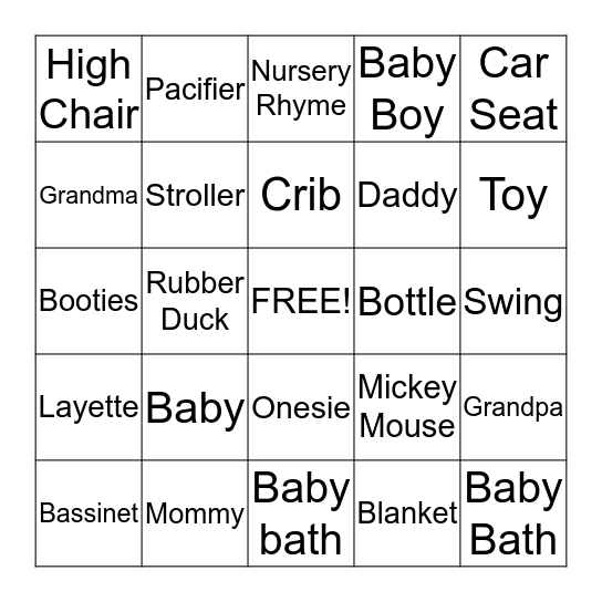 Melissa's Baby Shower Bingo Card