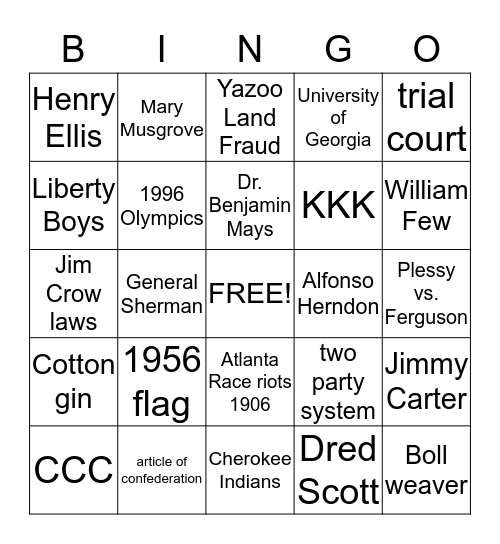 Georgia History Review Bingo Card
